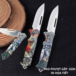 Dao mini gấp gọn in họa tiết gọt hoa quả, cắm trại, du lịch, đi phượt đa năng