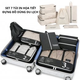 Set 7 túi in họa tiết đựng quần áo, mỹ phẩm, phụ kiện, sắp xếp vali du lịch cao cấp
