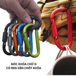 Móc khóa nhôm Carabiner hình chữ D có ren vặn chốt khóa đi phượt, dã ngoại, cắm trại đa năng