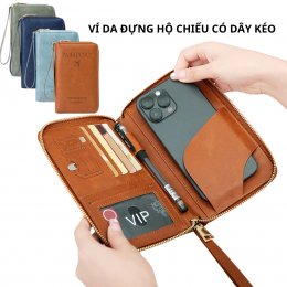 Ví da dây kéo cao cấp đựng hộ chiếu, điện thoại, passport du lịch