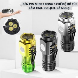 Đèn pin mini 3 bóng 5 chế độ bỏ túi cắm trại, du lịch, dã ngoại tiện lợi